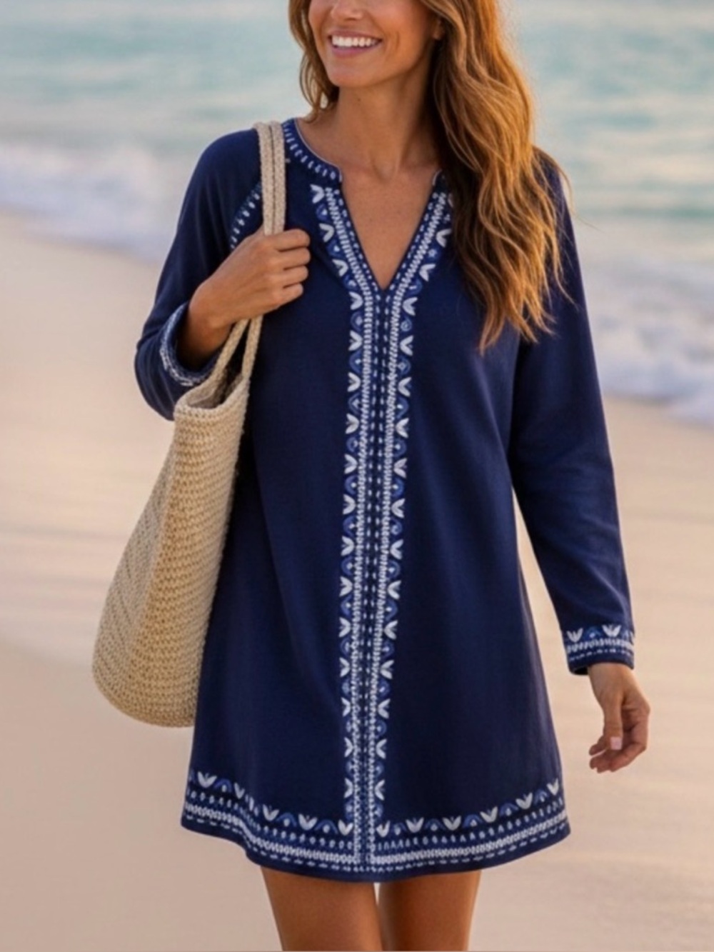 Boden Edie Embroidered Kaftan Tunic Dress Blue & White Embroidered Size XL